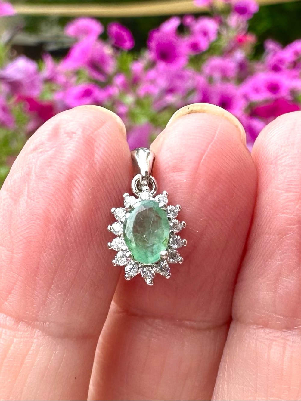 Emerald Halo Pendant, Sterling Silver, BRAND NEW
